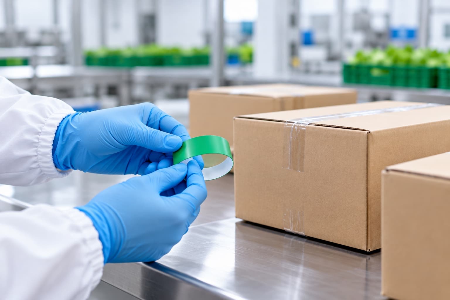 Manos con guantes azules sostienen una banda verde junto a cajas de cartón sobre una mesa metálica